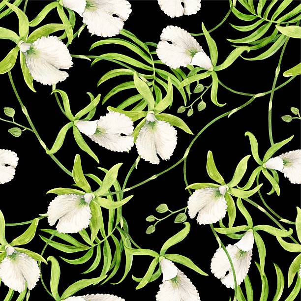 istock Pattern of exotic Prosthechea maritima on black background. Seamless background of branch with green orchid flower. Watercolor illustration of tropical summer flower for textiles in jungle style. 2238536610