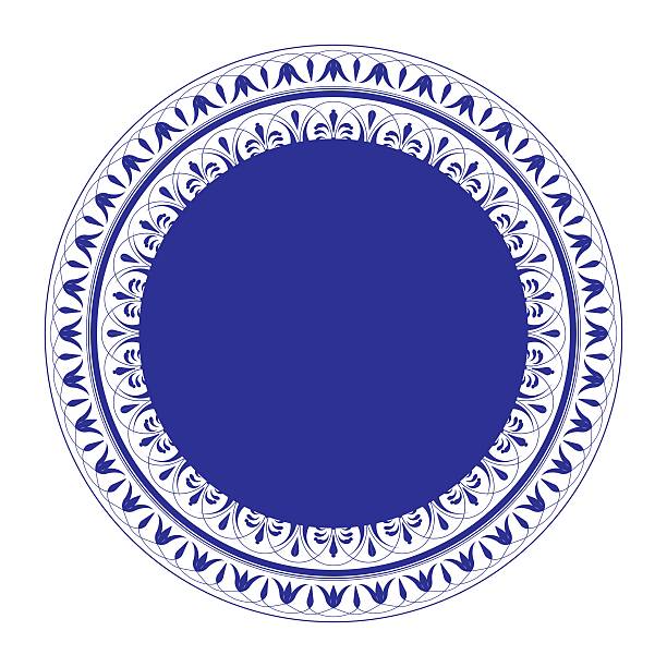 Round decorative frame with arabesques in blue and white colors. Decorative plate with floral ornament. Round decorative frame with ethnic ornament for laser cutting, embroidery, engraving, stenciling