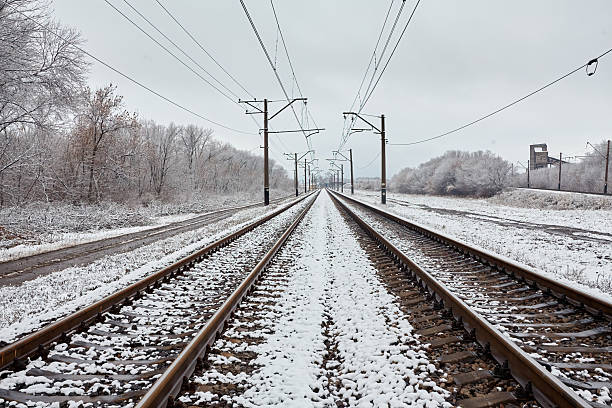 Train tracks in winter with frost covering around everywhere and power lines