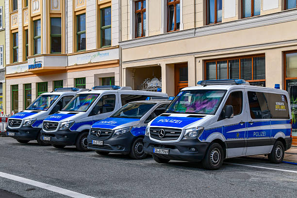 Gorlitz, Germany - SEP 27, 2025: German police vehicle patrolling in the city street of Gorlitz, the border town connecting Poland and Germany