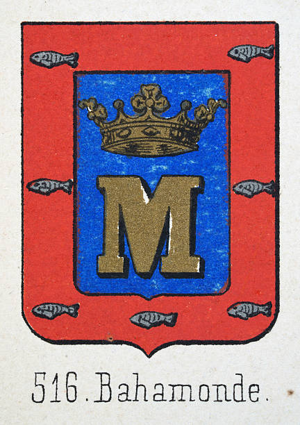 istock Medieval heraldry, Coat of arms, Shield with, Gold, crown, letter, M, Blue, silver, Fish, Spanish, Vintage illustration 2238545689