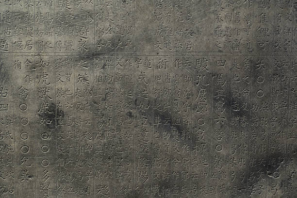 Intricate chinese characters are carved into a weathered gray stone surface, showing historical writing