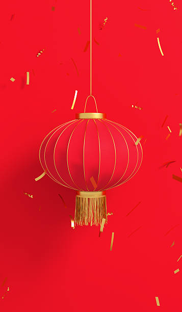 istock Red lantern hanging with gold confetti on red background 2238554160