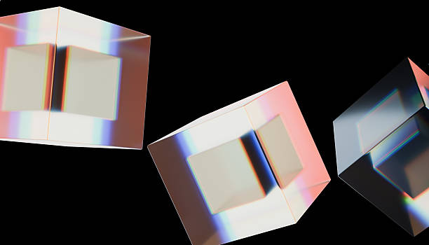 istock Abstract geometric shapes with reflective surfaces and colorful light effects float against black background, creating modern and dynamic visual 2238555235