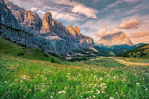 Morning landscape from Gardena pass (Passo Gardena), Dolomites, Italy
