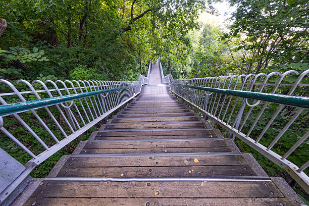Wooden walkway traverses the steep hillside between Plains of Abraham and Chateau Frontenac Hotel.