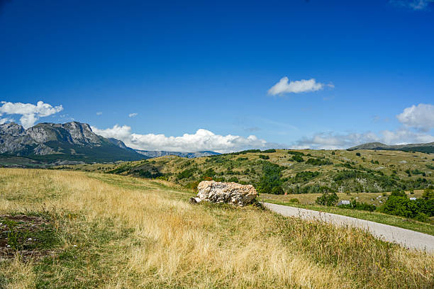 Scenic view of golden fields and rolling hills with scattered trees, distant mountains, and clouds in the sky, highlighting natural landscape, rural scenery, and tranquil atmosphere, ideal for travel, lifestyle, and nature projects