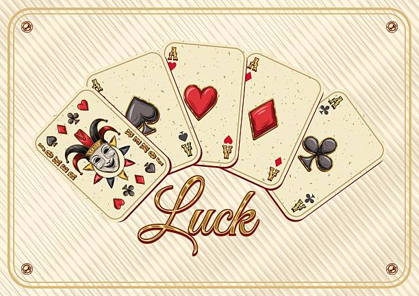 Horizontal A4 poster with four ace cards, joker card, text on white textured background. Fan shaped composition. Concept of luck, win jackpot. Gambling, casino theme. Vintage style