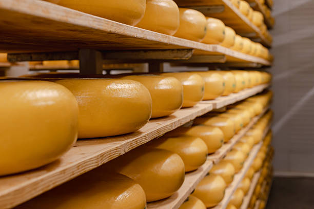 istock Wooden Shelves with Cows Milk Cheese 2238589372