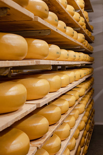 istock Wooden Shelves with Cows Milk Cheese 2238589452