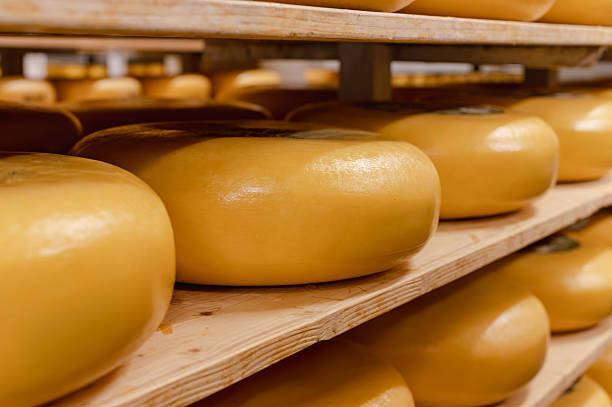 istock Wooden Shelves with Cows Milk Cheese 2238589743