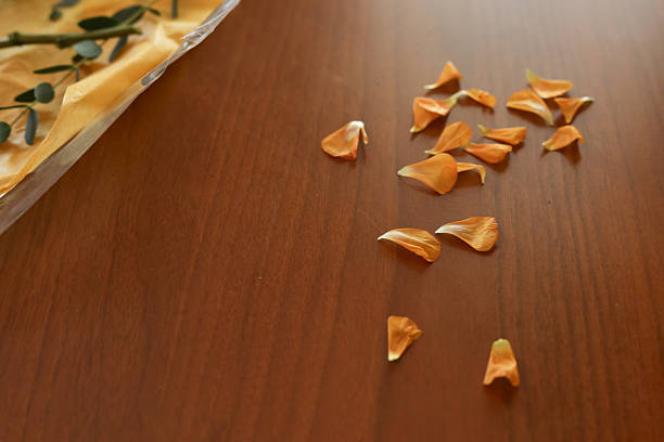 Orange petals on wood table, simple, fall closeup