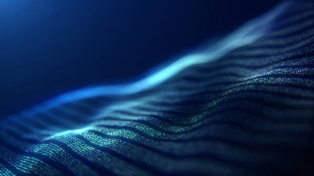 istock Flowing abstract digital wave made of glowing dots and lines in blue tones. Futuristic data visualization, sci-fi technology background. 2238611887