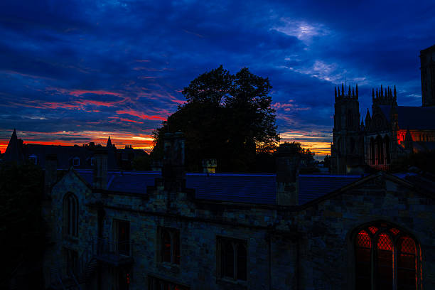 View of The ruins of windows in a medieval abbey, York, UK