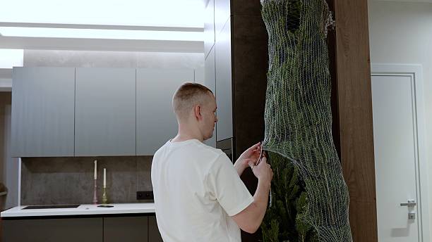 Man carefully removing christmas tree from protective packaging, setting up festive decor in sleek kitchen, preparing holiday home ambiance