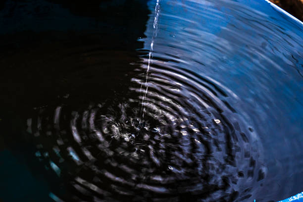 A droplet disturbs a calm dark pool, forming concentric ripples that illustrate wave propagation, energy transfer and the ripple effect in nature.