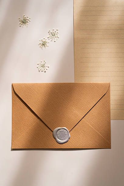 istock Kraft envelope with grey wax seal and lined paper, delicate flowers, soft shadows, flat lay 2238626873