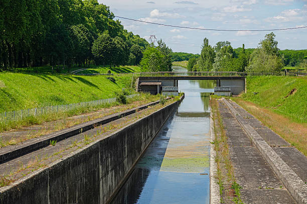 istock Canal de Montech in France with concrete banks, grassy edge, and bridge 2238630607
