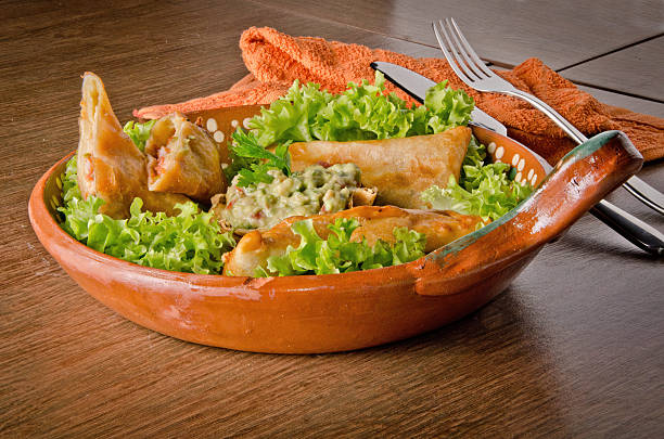 Crispy Fried Mexican Chimichangas Platter with Fresh Guacamole Dip