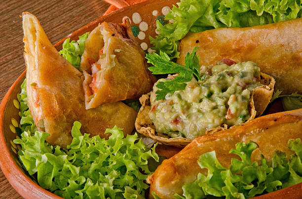 Crispy Fried Mexican Chimichangas Platter with Fresh Guacamole Dip