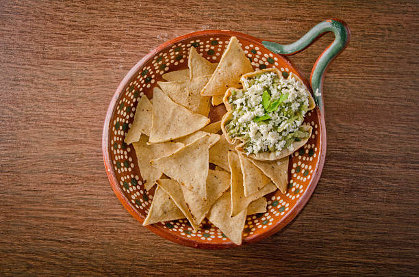 Authentic Mexican Guacamole with Fresh Cheese and Tortilla Chips Appetizer