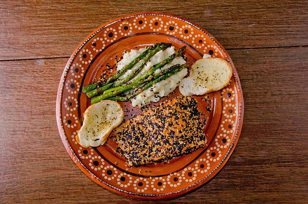 Plate close up with fresh grilled red salmon steak