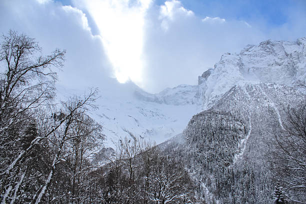 Scenic view of ski slope after the blizzard in winter. Shot on camera film
