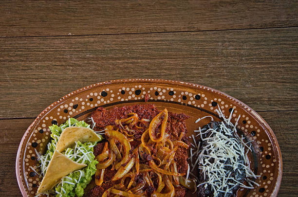 istock Mexican Adobo Steak (Cecina Adobada) with Grilled Onions, Beans, and Guacamole 2238650564