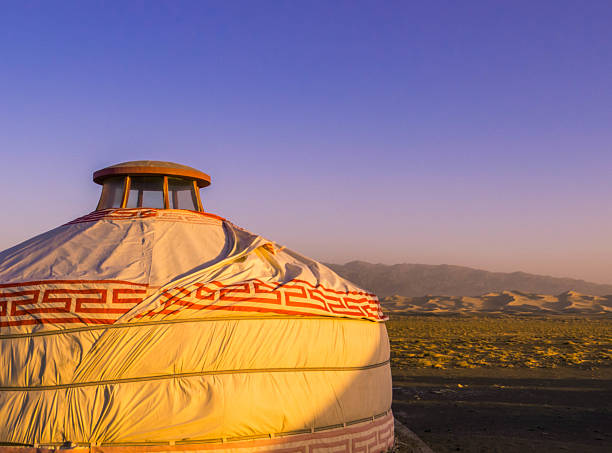 Sunset view of the Hongor Ger Camp in the Gobi Desert, Mongolia