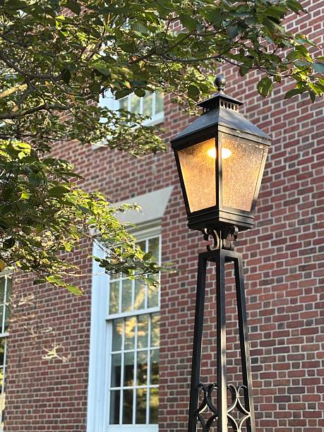 istock Old-fashioned street light and tree branches in front of a red brick building. 2238660192