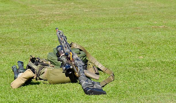 Police sniper rifle on shooting bag.