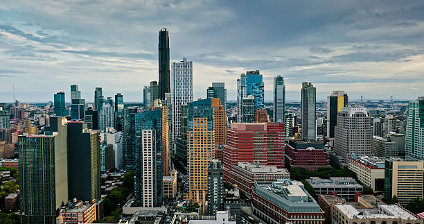 Aerial shot of Downtown Brooklyn on an overcast day in New York City.