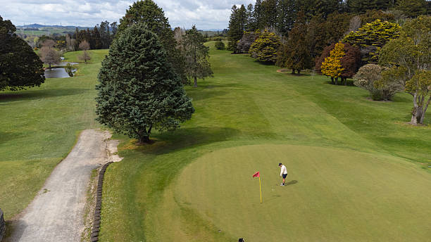 istock Aerial view of a man putting playing golf 2238673408