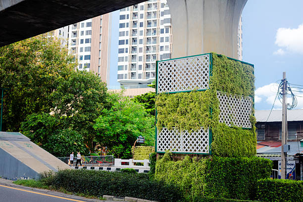 Plants at columns of BTS skytrain line at Phahonyothin Road in Bangkok Chatuchak area near Chatuchal JJ market.  View over street and below skytrain bridge. In background are tree and a tall apartment tower. Two mature thai women are walking on sidewalk on opposite side of the road