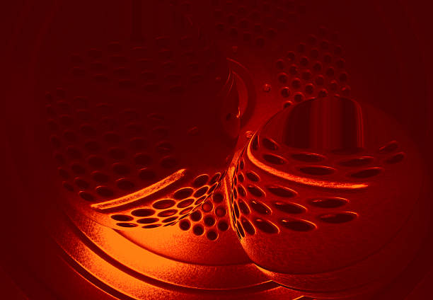 Distorted areas reflects a pattern of red perforated panel on backdrop