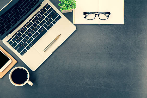 istock Top view desk or top view table office desk flat lay background with computer laptop and office equipment for work area copy space and education school concepts. 2238682169