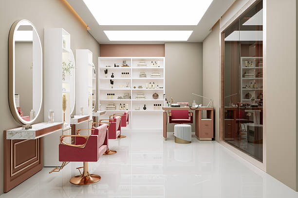 istock Modern luxury beauty salon interior with elegant pink chairs, marble counters, and soft lighting 2238685067