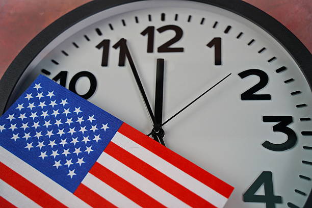 istock The US flag on the clock face on a paper background. 2238685071