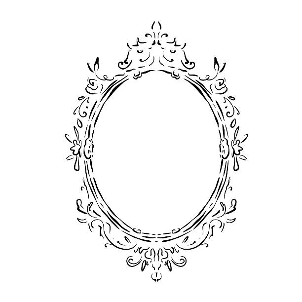 Vintage oval ornamental frame with elegant curls, line art vector illustration in quick sketch whimsical style. Perfect for wedding design, invitations, antique decorations, romantic aesthetic, poster