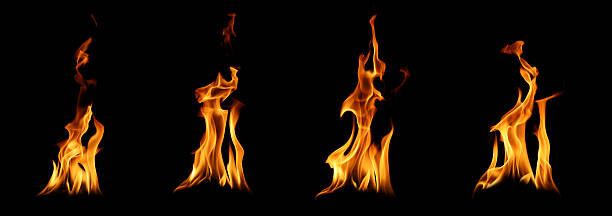 istock Realistic fire flames isolated on black background, burning orange fire elements for design, heat energy, danger, explosion, and abstract texture concept. 2238689871