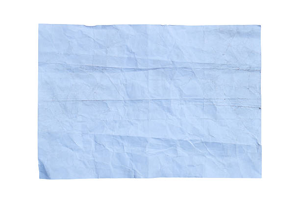 Cut out of horizontal plain bluish gray white blank empty crumpled wrinkled weathered curled folded old crinkled folding paper with uneven textured full frame wrinkles page of art sketch book notepad with copy space, isolated over white background.