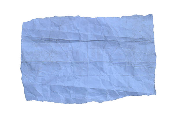 Cut out of horizontal plain bluish gray white blank empty crumpled wrinkled weathered curled folded old crinkled paper with uneven textured full frame wrinkles page of art sketch book notepad with copy space, isolated over white background.