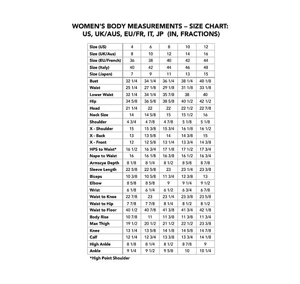 istock Women size chart inches fractions bust waist hips sleeve shoulder height S M L XL measurement fitting tailoring guide 2238692859
