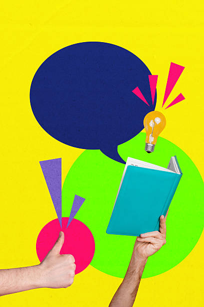istock Creative artwork template sketch image 3D collage of gesture thumb hand hold book idea knowledge speech talk dialogue communication bubble 2238693314
