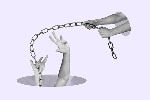 istock Exclusive image full photo collage of human hands hold chain trap pull prisoner occupation metal jail punishment concept 2238693340