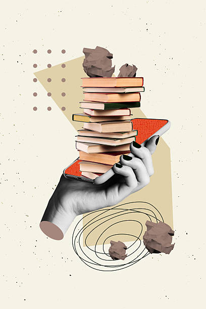 istock Vertical art image poster 3d banner collage of human hand hold phone e-learning book education reader library student bookworm 2238693516