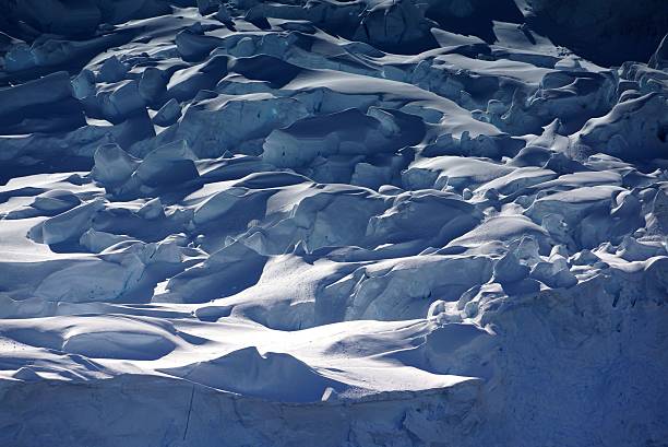 A detailed view of a snow-covered glacier with intricate ice formations, showcasing natural beauty and texture.