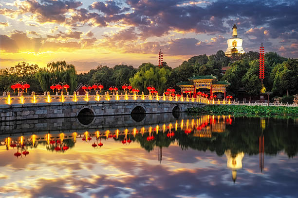 Beihai Park in Beijing, China, displaying a white dagoba and an illuminated bridge adorned with traditional lanterns, reflecting on the calm lake water under a colorful sunset sky
