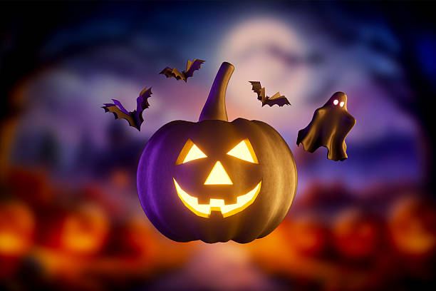 Halloween Pumpkin with Jack O’ Lantern Face on Scary Halloween Background. Digitally generated image. 3d render.