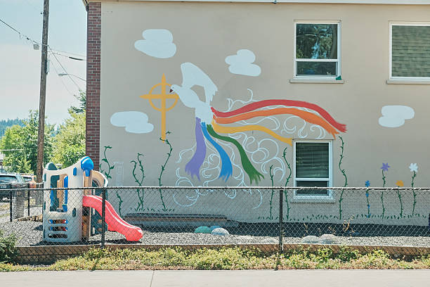 Puyallup WA USA, July 26, 2025 - drawing on the wall in the playground